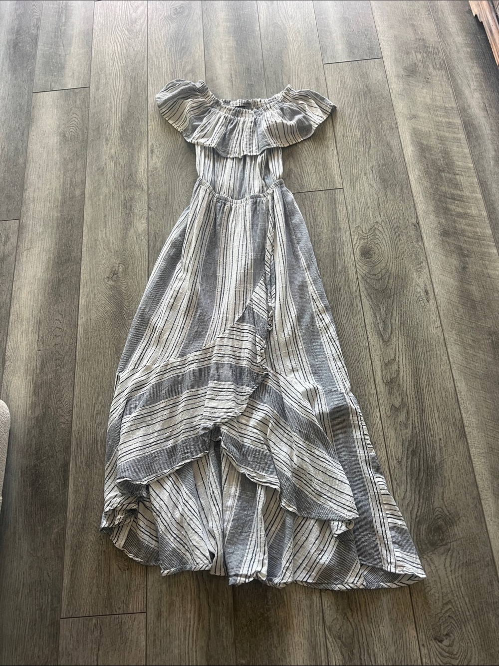 Express Striped Off-Shoulder Maxi Dress in Blue and White